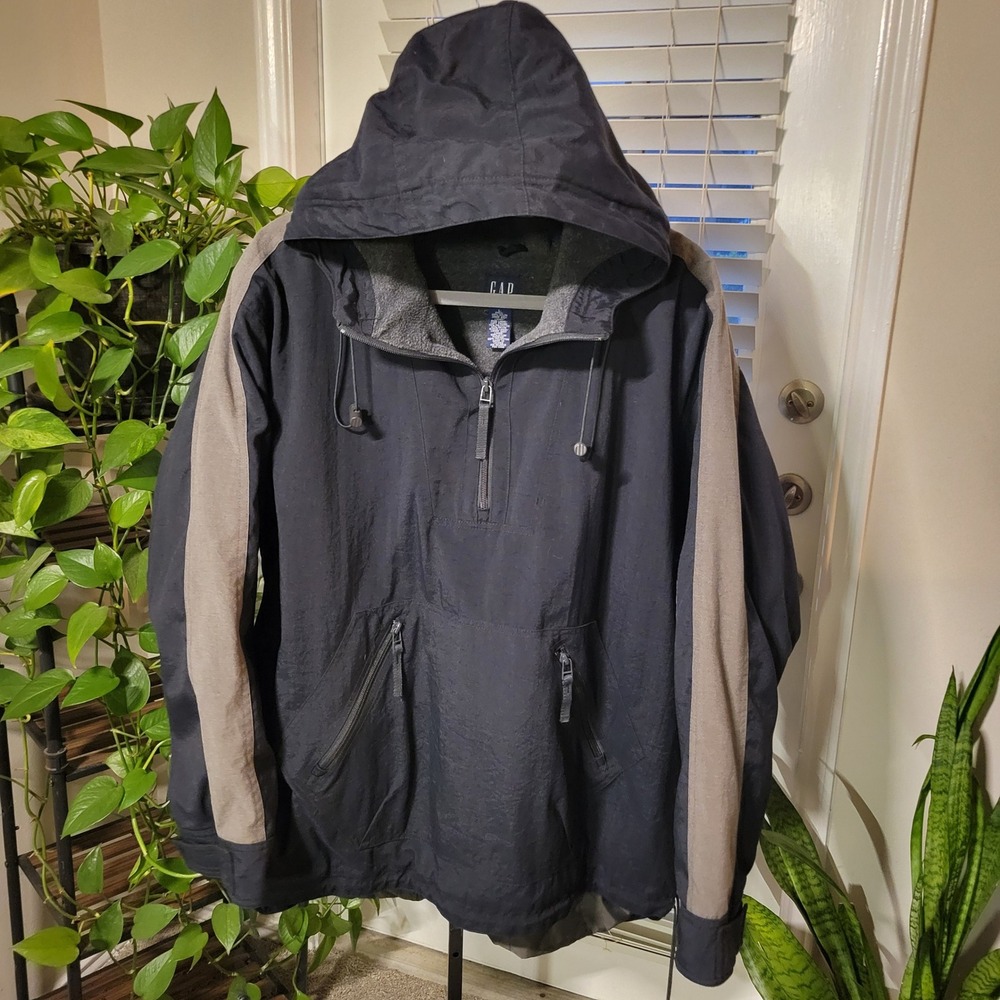 Vintage Gap Anorak Jacket Mens Large Black Grey Fleece Lined Half Zip Pullover